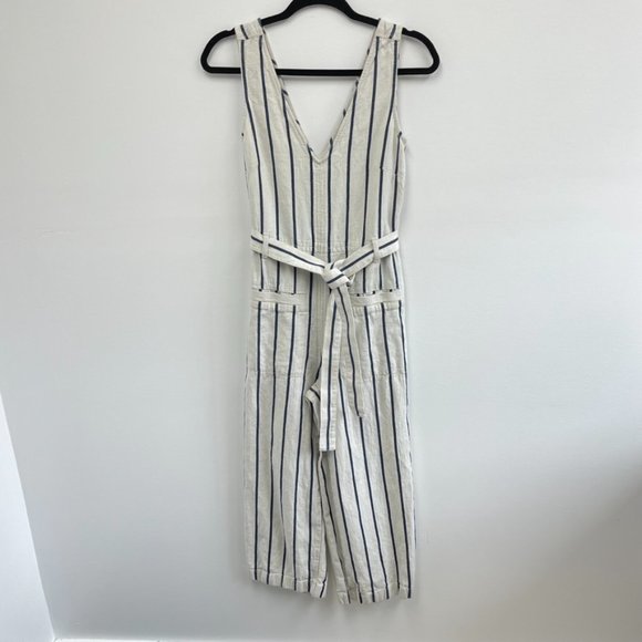 ⛔️SOLD⛔️Madewell White Blue Striped Linen Wide Leg Sleeveless Pull-On Jumpsuit S - Picture 4 of 9